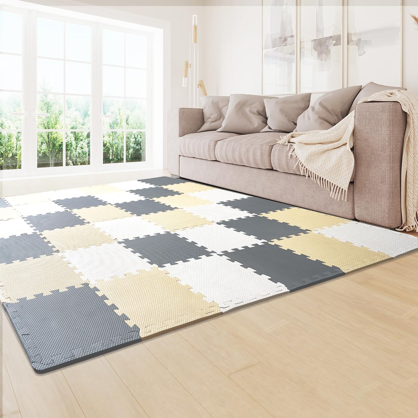 VEVOR 36 Tiles Kids Play Mat – 0.4" Thick EVA Foam Interlocking Puzzle Mats, 12"x12" Each, 36 Sq Ft for Nursery, Playroom, Camel/Gray/Beige