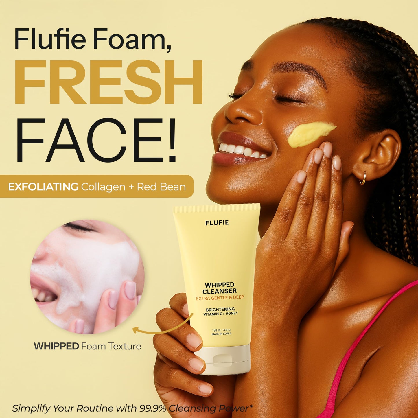 Flufie Whipped Facial Cleanser with Vitamin C & Honey - Brightening, Hydrating, Soothing & Pore Cleansing - Dermatologist Tested, Anti-Aging, Korean