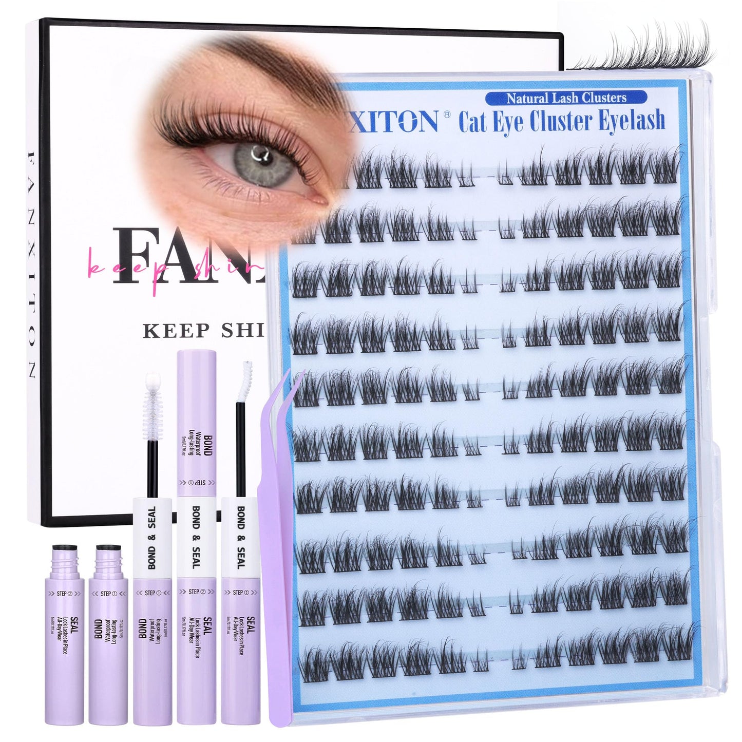 Natural Lash Clusters Kit Cat Eye Wispy DIY Lash Extension Kit Wispy Clusters Eyelash Extension Kit Thin Lash Band Individual Lashes Lash Bond Beauty and Personal Care FANXITON Default Title