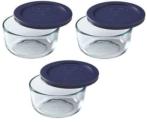 Pyrex 7200 2-Cup Glass Bowl & 7200-PC Dark Blue Lid (3-Pack) - Made in USA