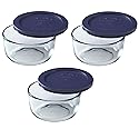 Pyrex 7200 2-Cup Glass Bowl & 7200-PC Dark Blue Lid (3-Pack) - Made in USA