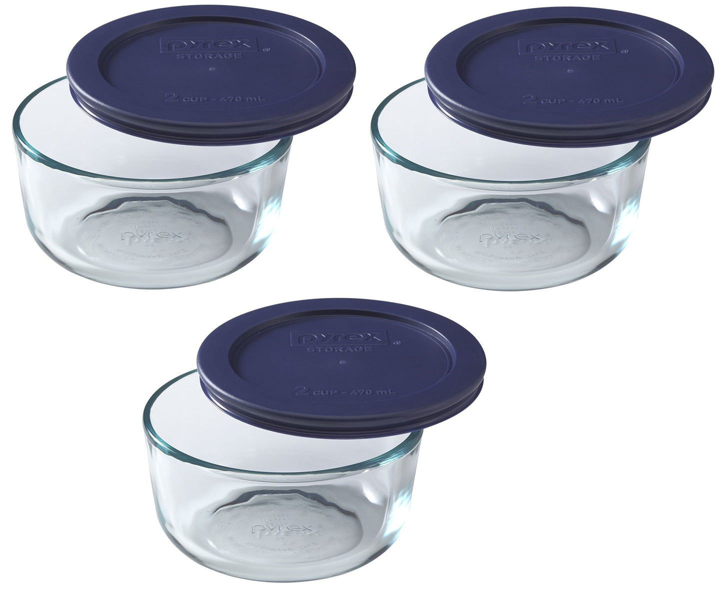 Pyrex 7200 2-Cup Glass Bowl & 7200-PC Dark Blue Lid (3-Pack) - Made in USA