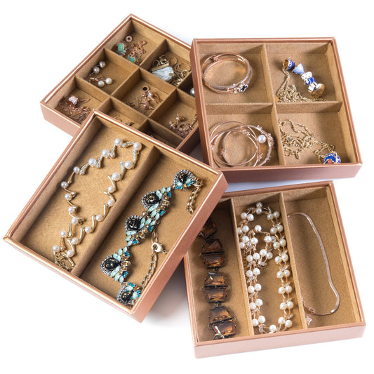 Huji Stackable Jewelry Trays Organizer Storage Rings Earrings Bracelets Watches Necklaces (1, Camel Brown Stack-able Trays)