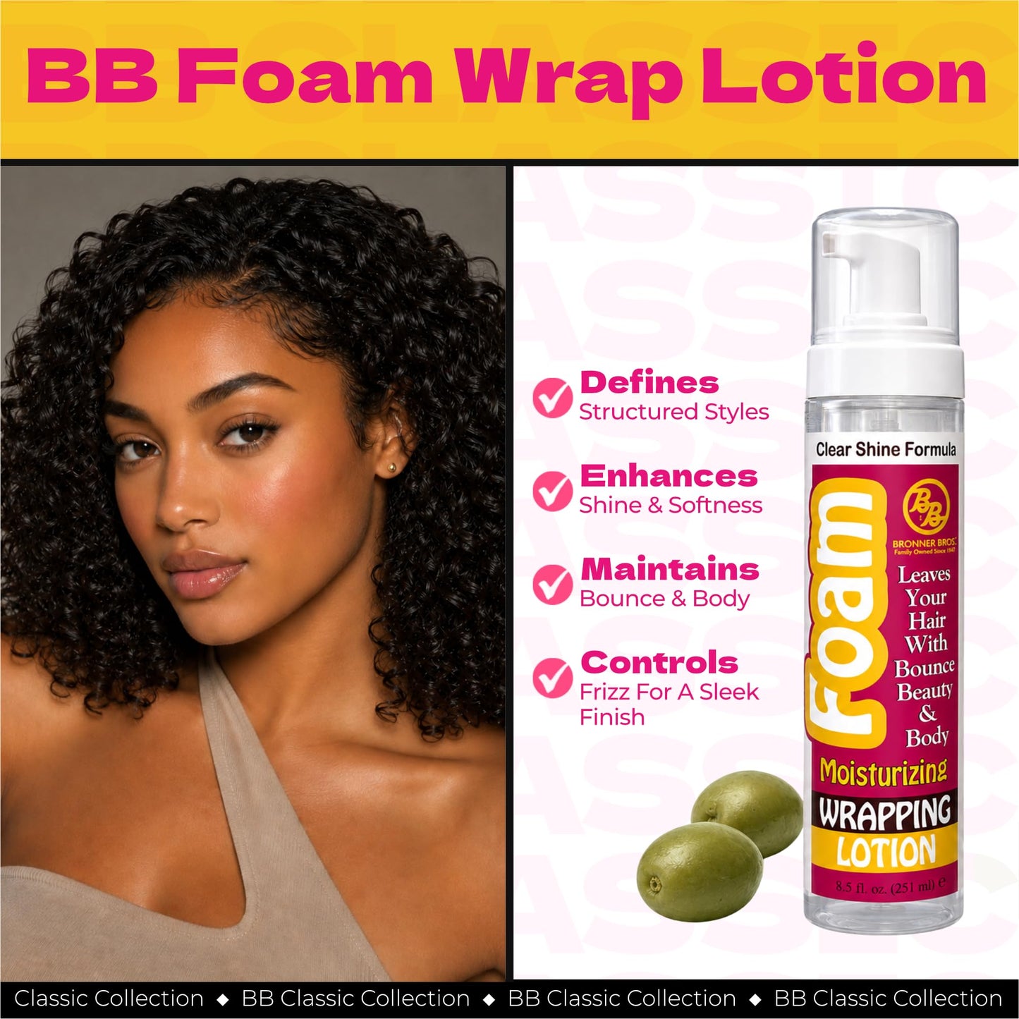 Bronner Bros BB Hair Foam Wrap Lotion - Moisturizing Wrapping Foam with Olive Oil for Hair Styling & Natural Shine - Alcohol-Free & Lightweight