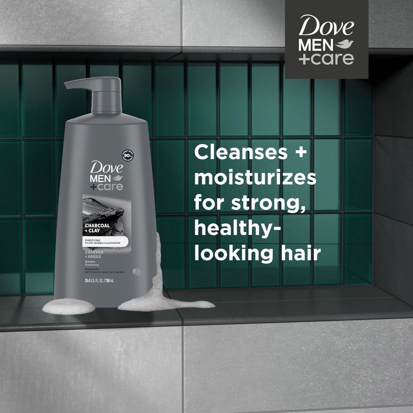 100% recycled & recyclable plastic bottle. Cruelty-free shampoo. Globally, Dove does not test on animals.