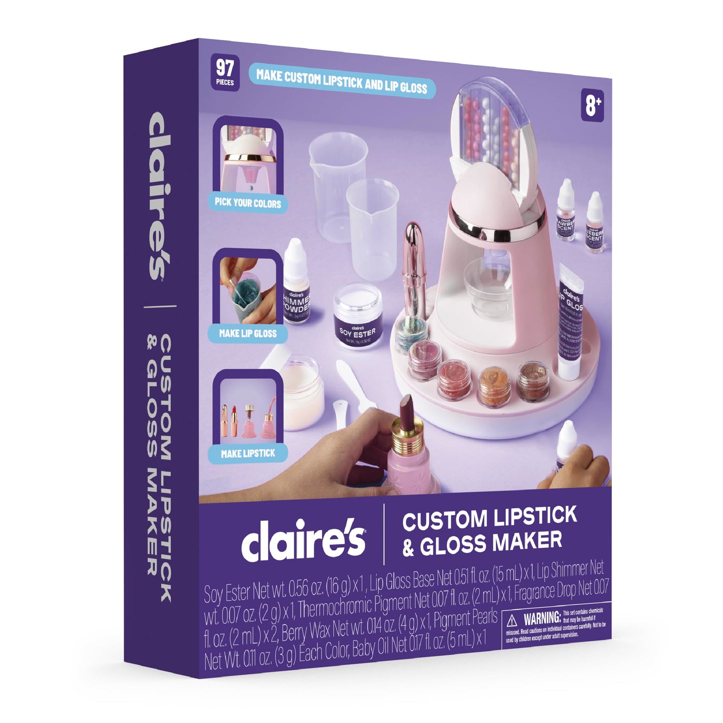 Claire's DIY Lipstick & Lip Gloss Making Kit, 97-Piece Real Makeup Arts & Crafts Set, Handmade Moisturizing Lip Glaze, Girl Toys & Cosmetic Products