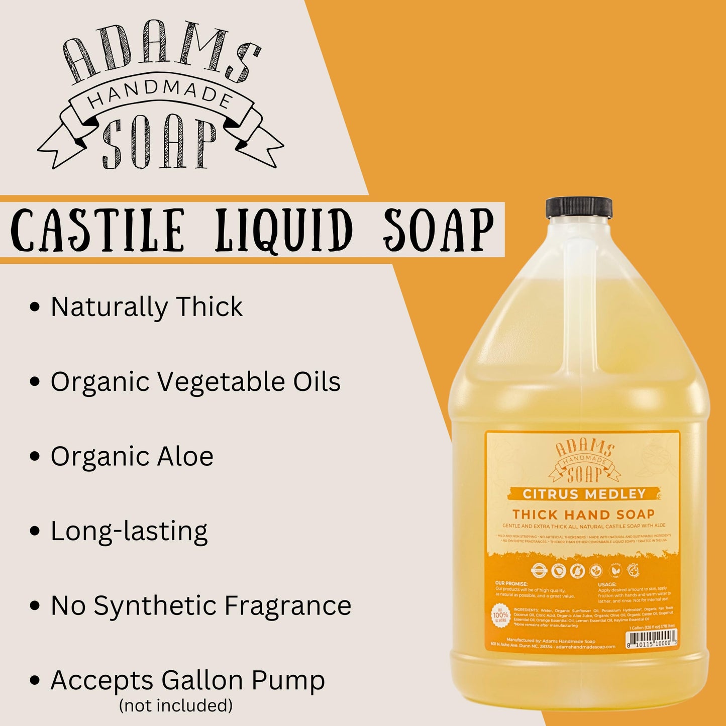 Adams Handmade Soap Thick Organic Castile Liquid Hand Soap 1 Gallon Refill - Citrus Medley Beauty & Personal Care Adams Handmade Soap
