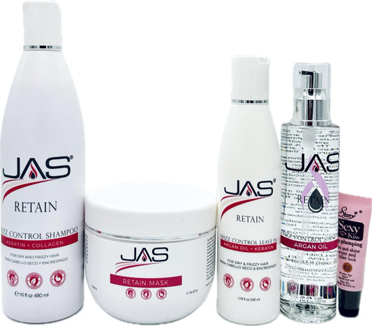 JAS Retain Port Treatment with Keratin + Collagen Shampoo, Mask, Leave in Cream 8 fl oz and Styling Serum with Vitamin E 5 fl oz "Free Starry Sexy Beauty & Personal Care JAS Systems