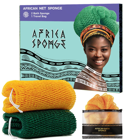 Real African Net Sponge - 2 Pieces Authentic African Wash Cloths for Showering - Exfoliating Body Sponges for Bathing Yellow & Forest - Back Scrub Beauty and Personal Care RelaxScene