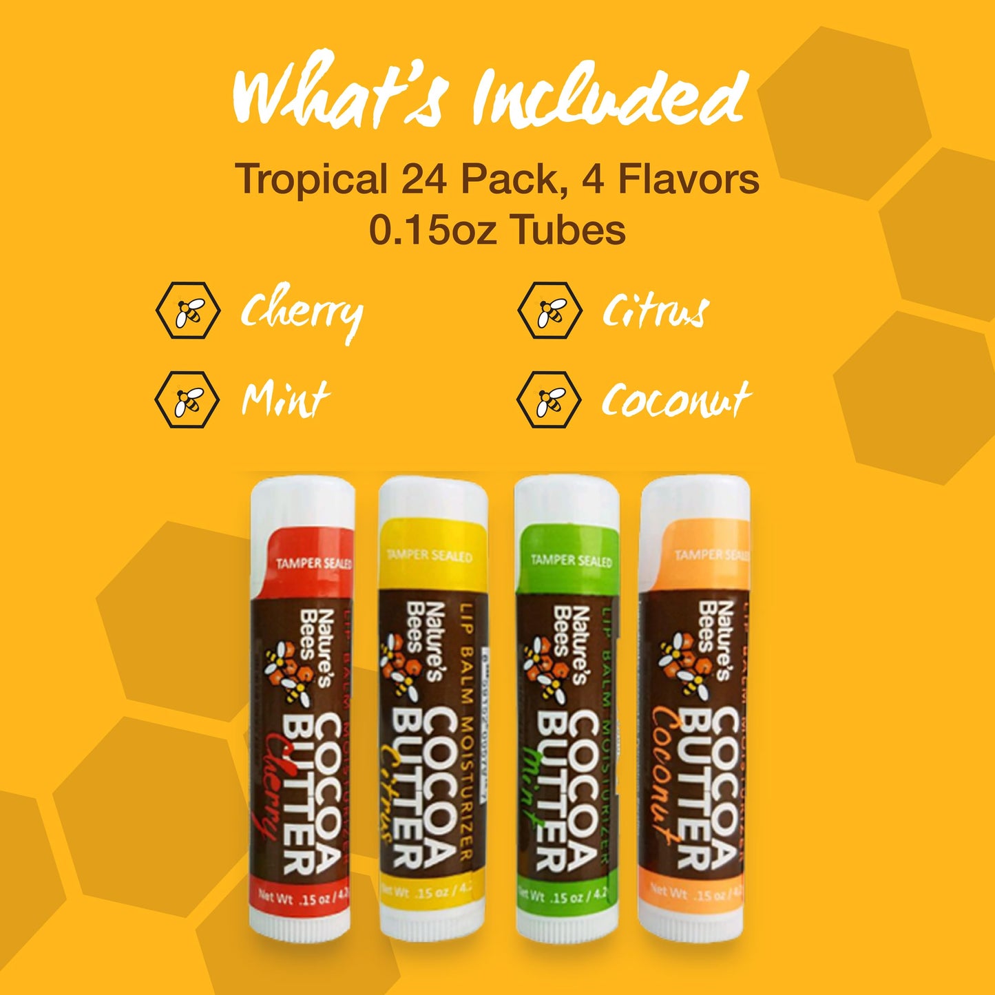 Nature's Bees Cocoa Butter Lip Balm, Lip Care for Dry Lips, Made with Coconut Oil, Beeswax, Vitamin E, Aloe, and Shea Butter, 0.15 oz Each, 4 Flavors