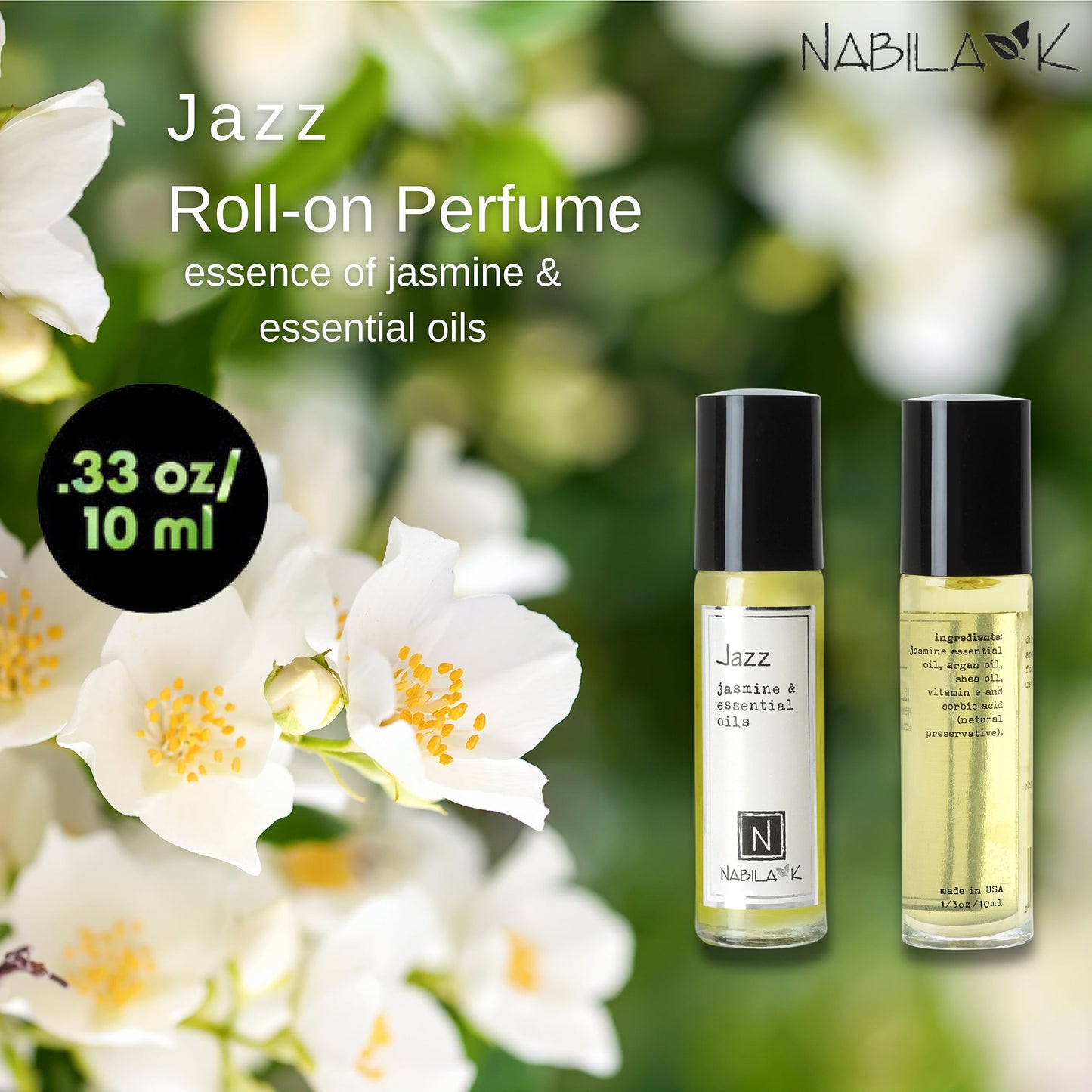 Nabila K Jazz Jasmine Roll-On Perfume Oil for Women | Alcohol-Free, Organic, Long-Lasting Fragrance | Travel Size, TSA Approved | 0.33 oz Beauty & Personal Care Nabila K