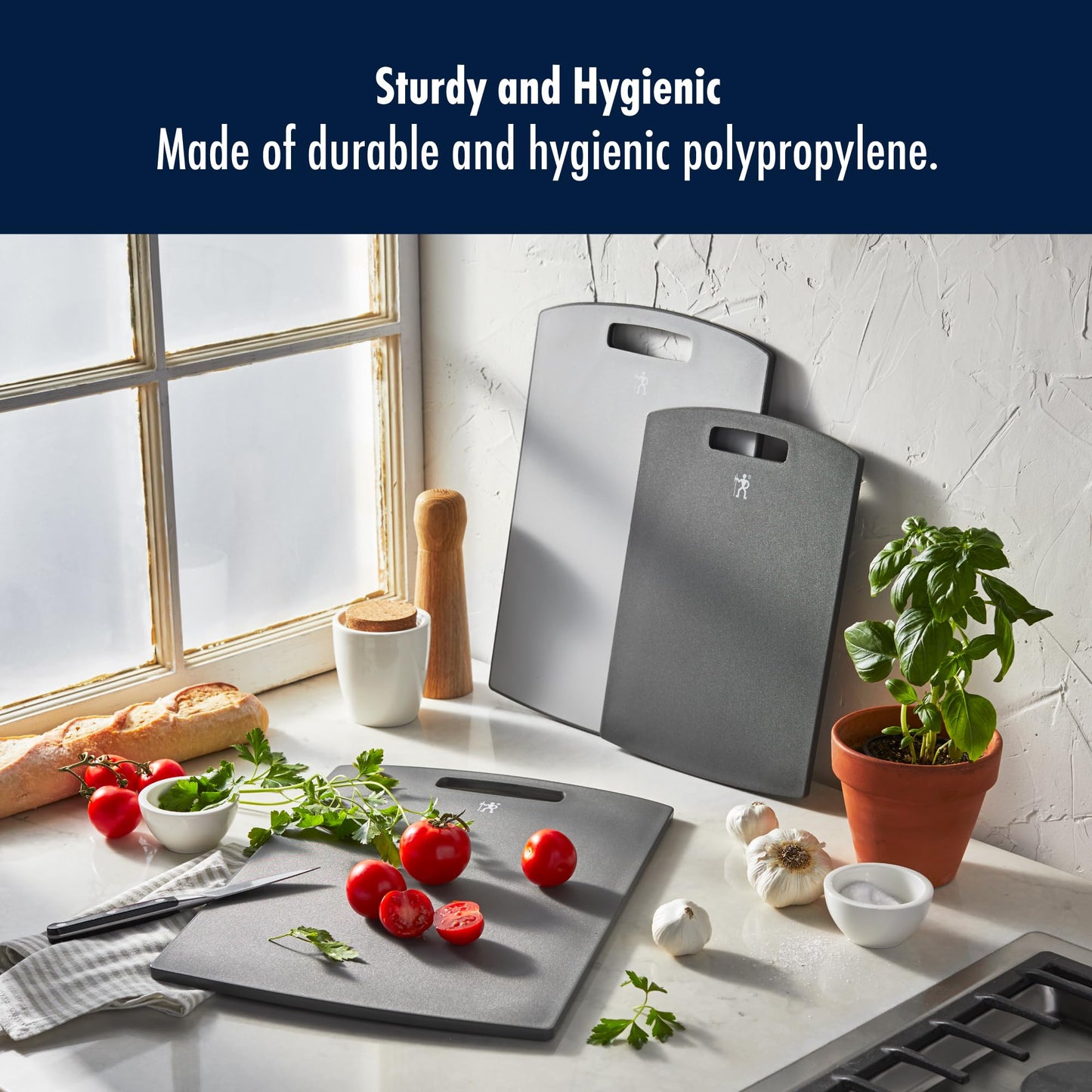 HENCKELS Cutting Board Set, 3-Piece Plastic Kitchen Chopping Boards with Gray Trim, Non-Slip Silicone Feet, BPA-Free, Dishwasher Safe