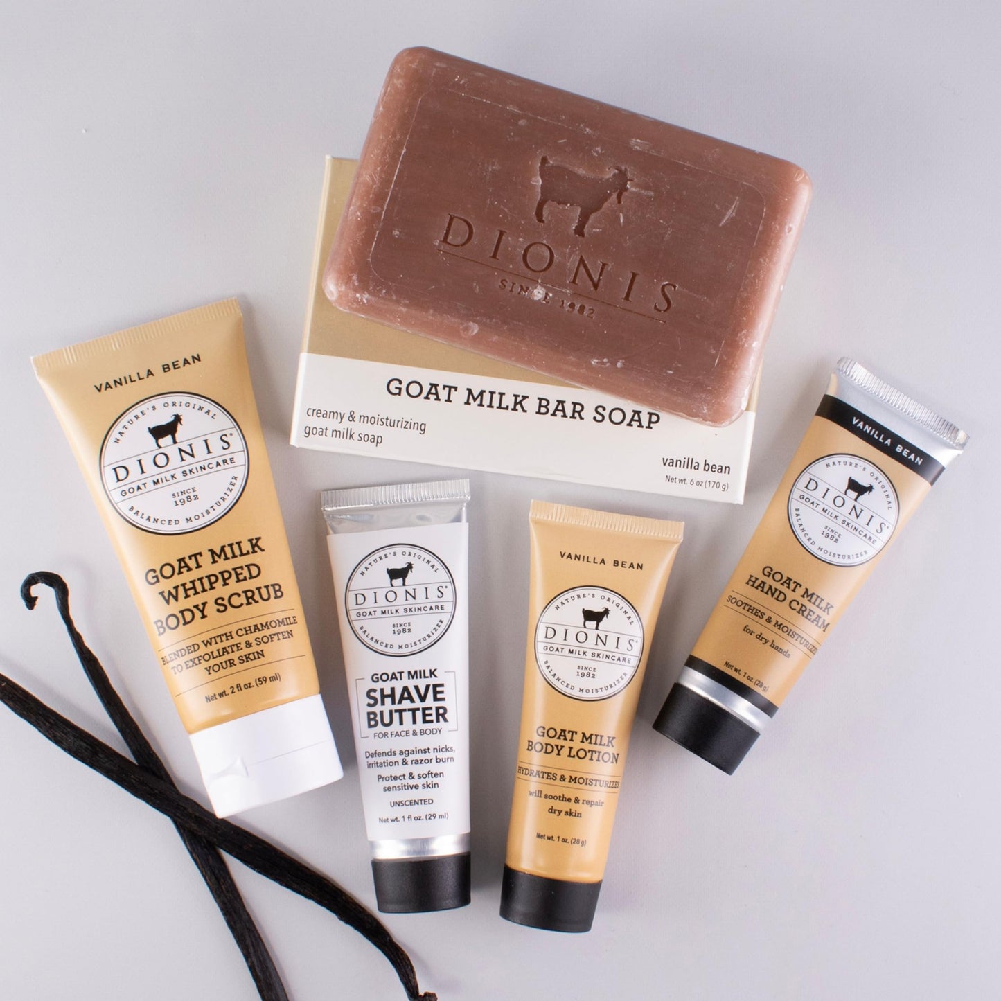 Dionis Goat Milk Vanilla Bean Hand Cream, Body Lotion, Whipped Body Scrub, Shave Butter, Bar Soap 6 oz & Carrying Case 6-Piece Travel Set