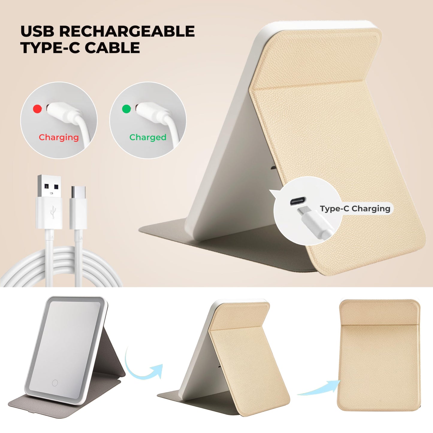 ZEVGANI Travel Lighted Makeup Mirror, 3-Color Dimmable LED Lighting, USB Rechargeable Light up Portable Tabletop Folding Vanity Cosmetic Mirror