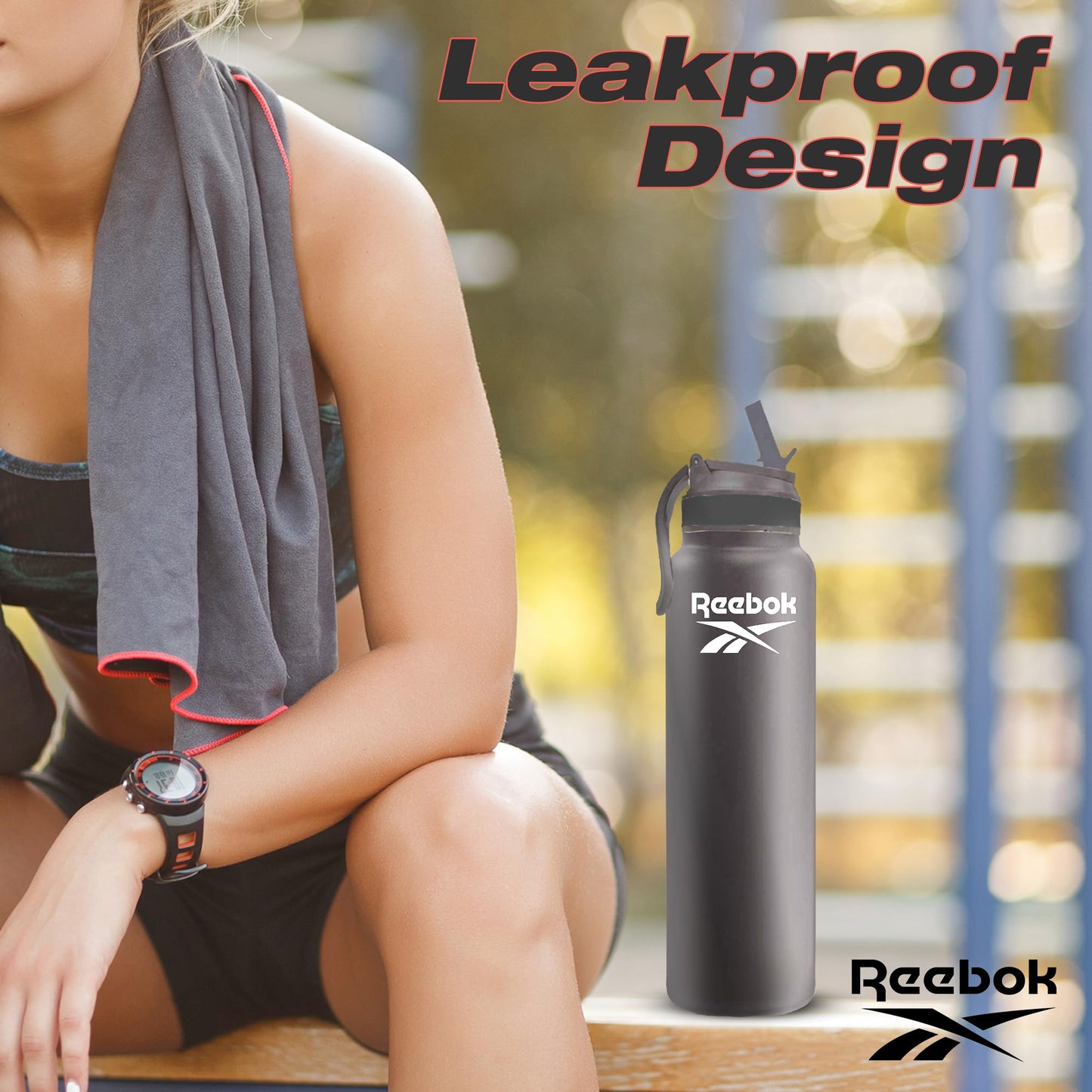 Reebok Stainless Steel Water Bottle With Lifestyle Design - Insulated Water Bottle 32 oz With Straw - Double Wall Vacuum Insulated Sports Water