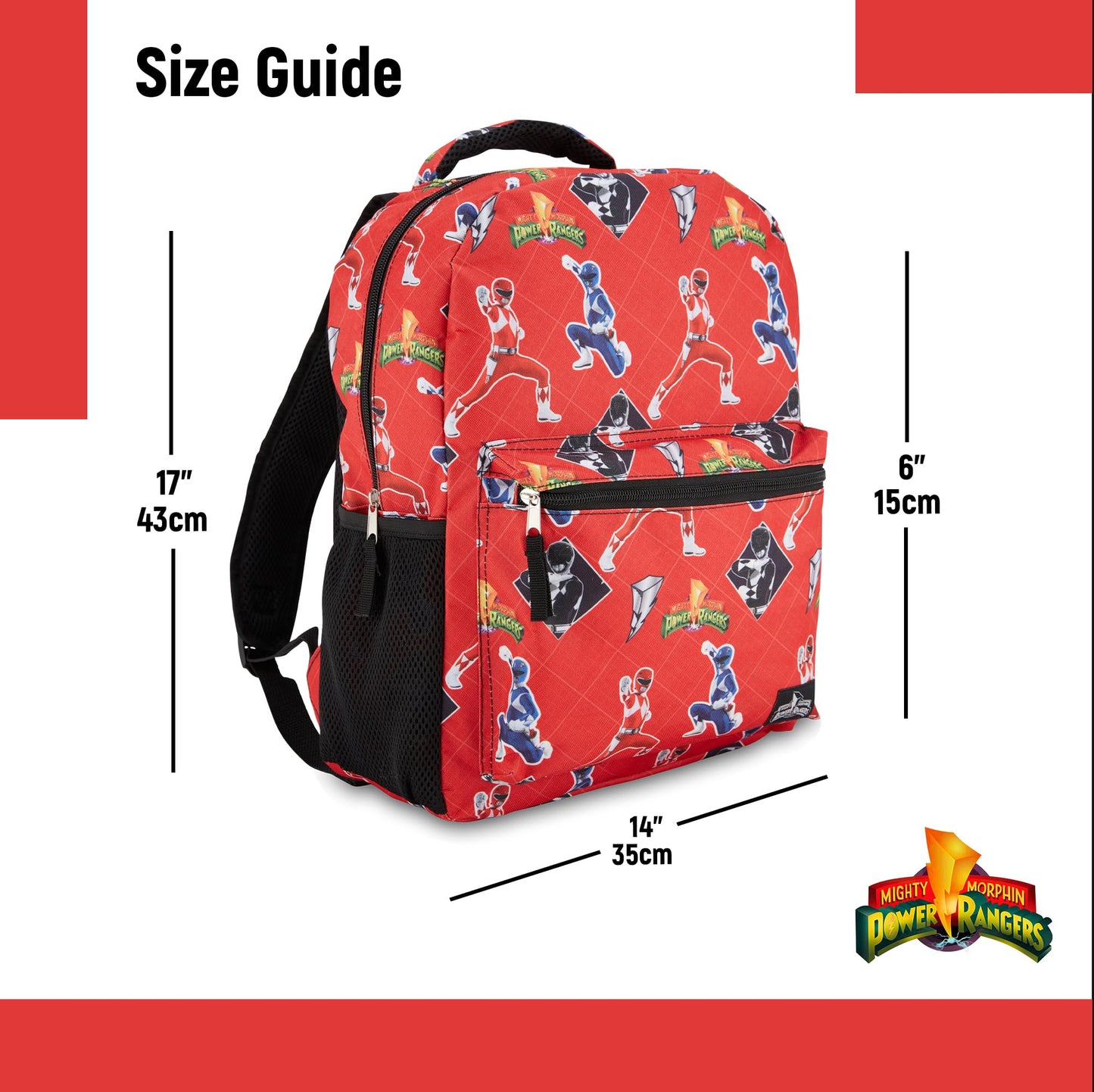 Power Rangers Classic Allover Backpack - Red, Pink, Black, Green Yellow and Green Ranger - Official School Bookbag (Red)