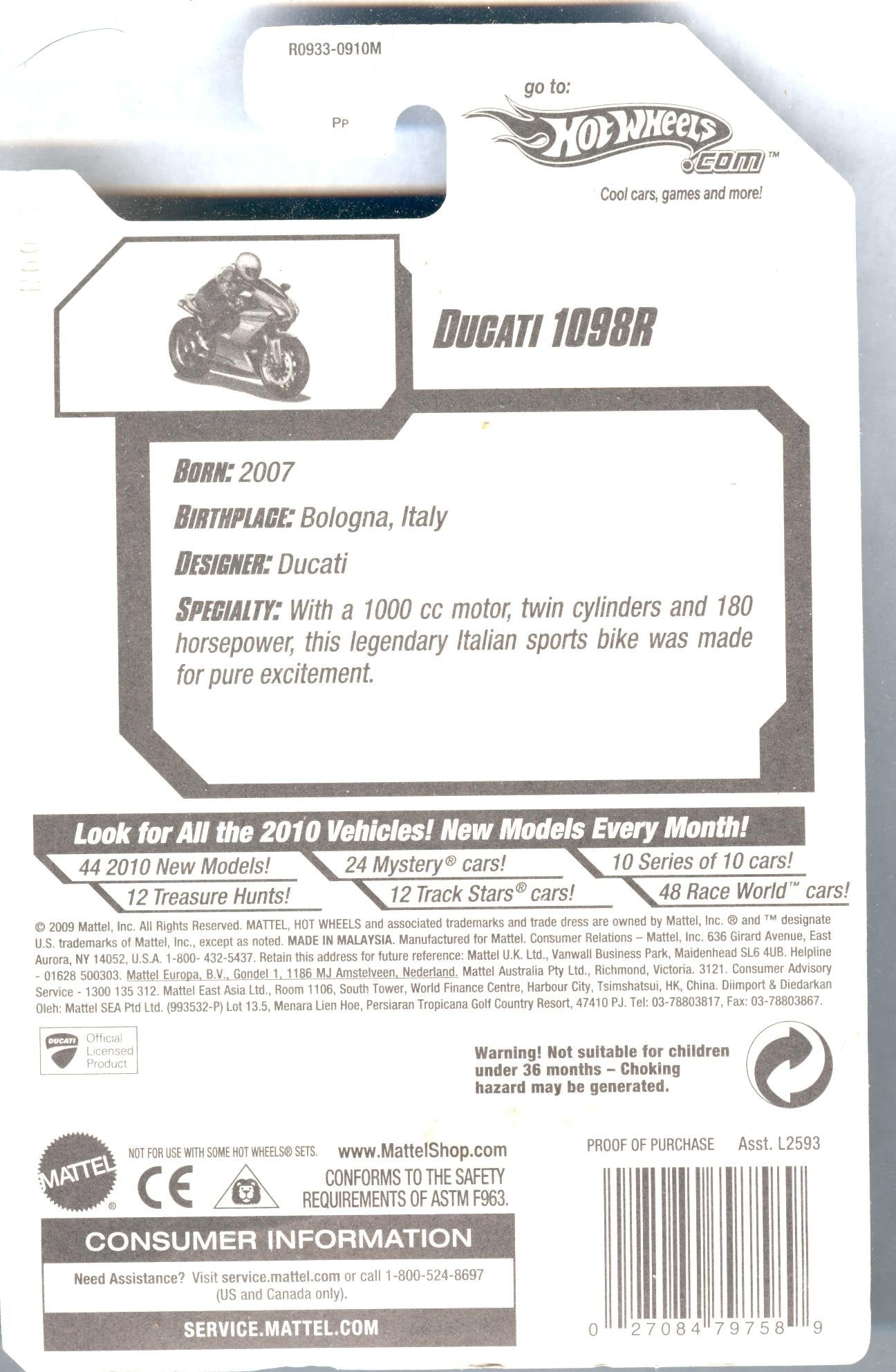 Hot Wheels 2010-017 Ducati 1098R New Models 17/44 RED 1:64 Scale