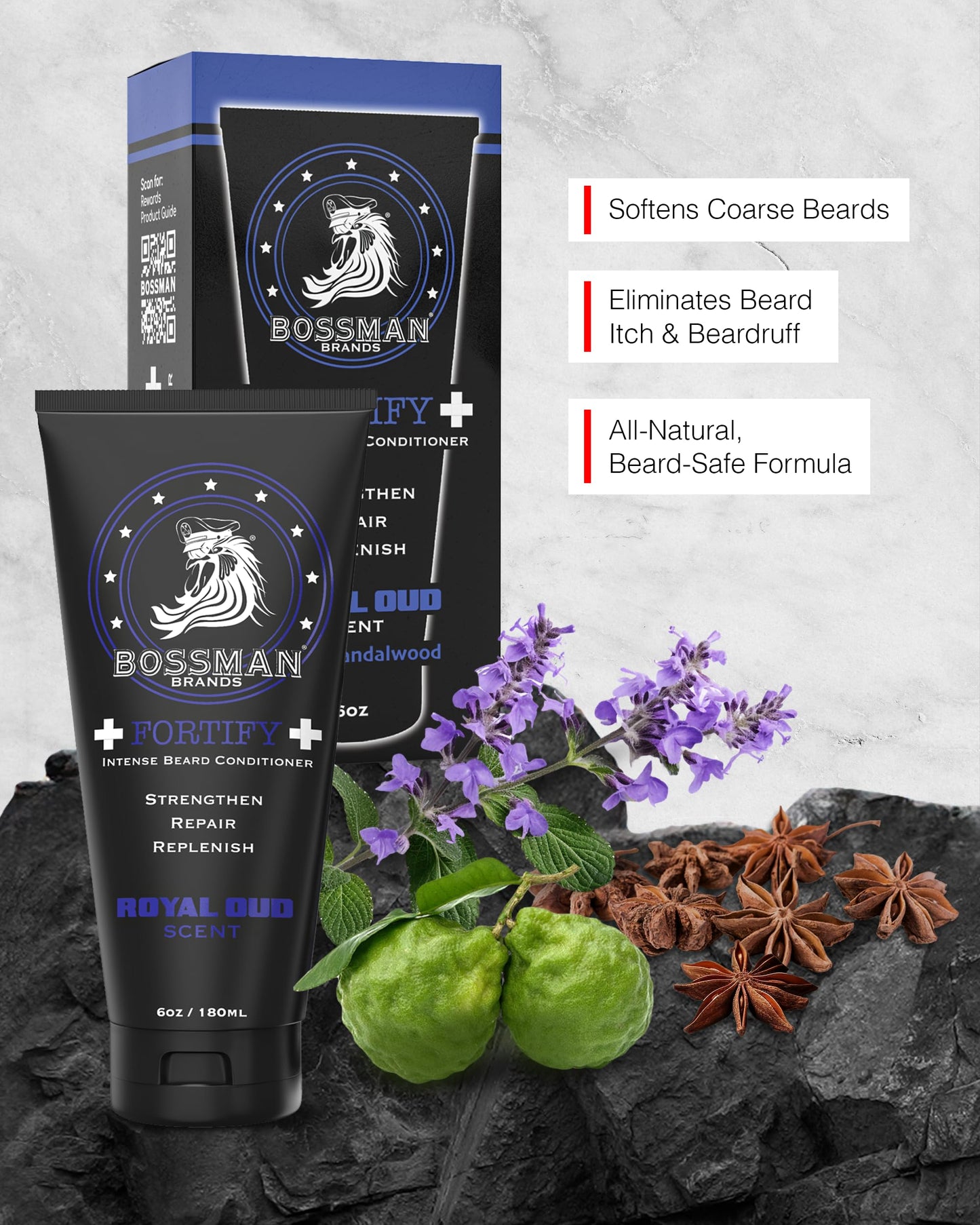 Bossman Fortify Intense Beard Conditioner for Men (Royal Oud Scent) - Moisturizes, Replenishes & Protects with Natural Ingredients - Thicker Formula