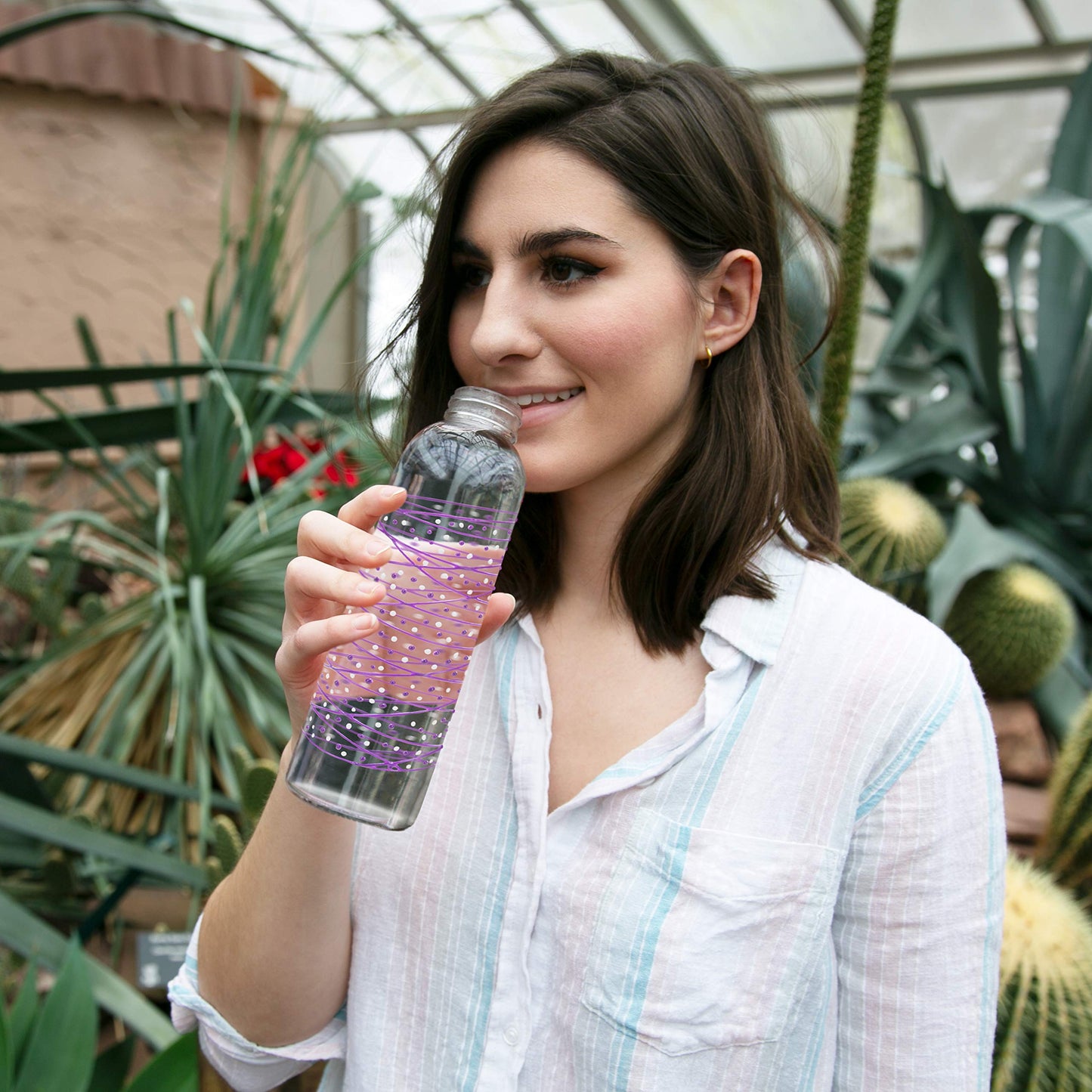 Pavilion Gift Company 16.5 Oz Hand Decorated Glass Water Bottle With Sealed Metal Twist Off Lid Purple & White Polka Dot Tangle, Purple