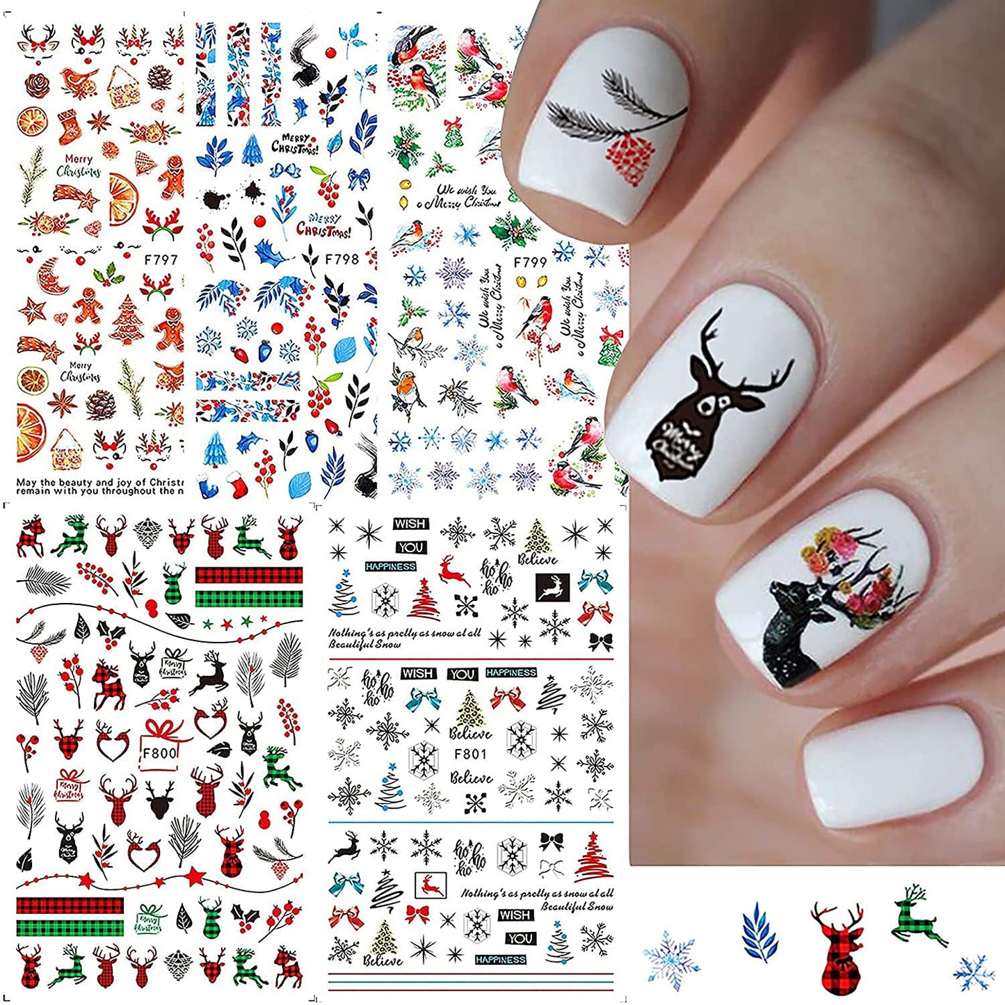Christmas Nail Art Stickers Winter Nail Art Self-Adhesive Decals Snowflake Elk Blue Leaves Birds Christmas Tree Pattern Design Xmas Art Supplies