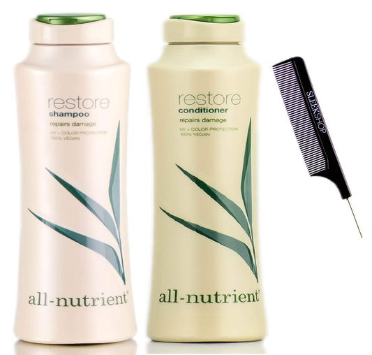All-Nutrient RESTORE Shampoo & Conditioner DUO SET, Repairs Dry-Damaged Hair (w/Sleek Comb) UV+ Color Protection, 100% Vegan (25 oz + 25 oz LARGE DUO