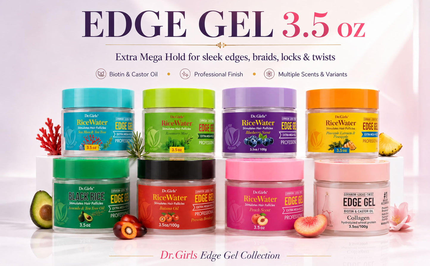 Dr. Girls Rice Water Edge Gel - Extra Mega Hold for Cornrows, Locs & Twists with Biotin, Castor Oil 3.5oz (Placenta Extracts & Pineapple)