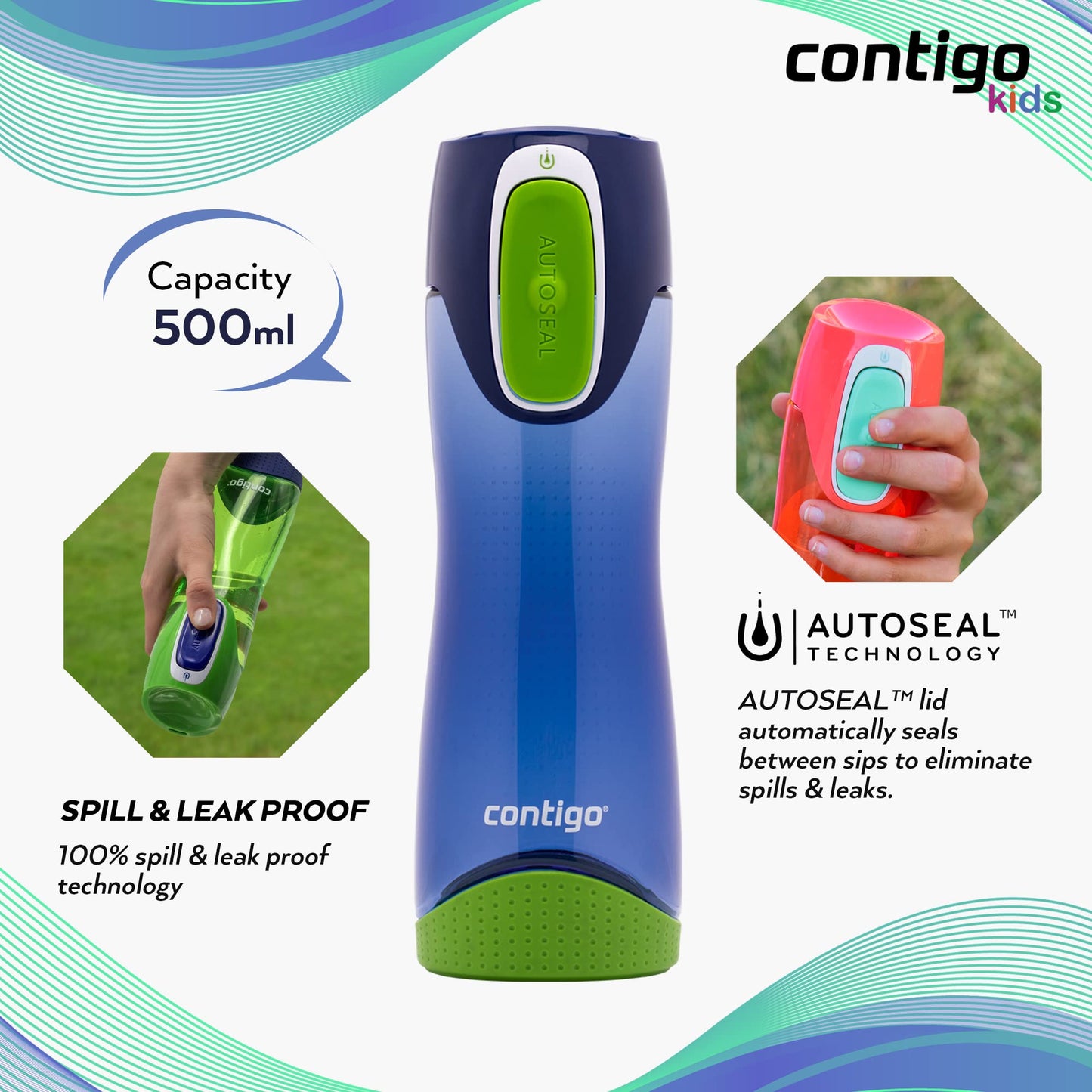Contigo Swish Autoseal Water Bottle, Large BPA Free Drinking Bottle, Leakproof Gym Bottle, Ideal for Sports, Running, Bike, Running, Hiking, 500 ml