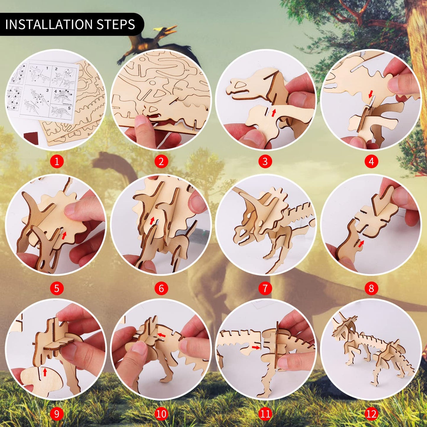 calary 3D Wooden Puzzle Simulation Animal Dinosaur Assembly DIY Model Toy for Kids and Adults,Set of 6