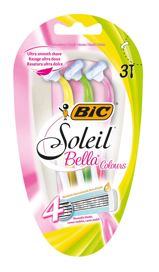 BIC Soleil Bella Colours 4-Blade Lady Razors - Pack of 3 - Spring Mounted Blades with Pivoting Head for Ultra Smooth Shave Beauty and Personal Care BIC