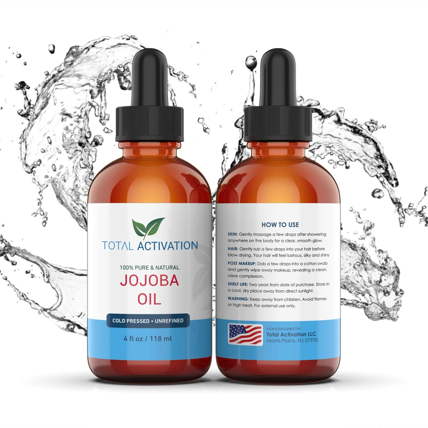 Total Activation Organic Jojoba Oil for Skin, Hair & Nails, 100% Pure Natural Unrefined Cold Pressed, Natural Face Moisturizer, Hair Moisturizer