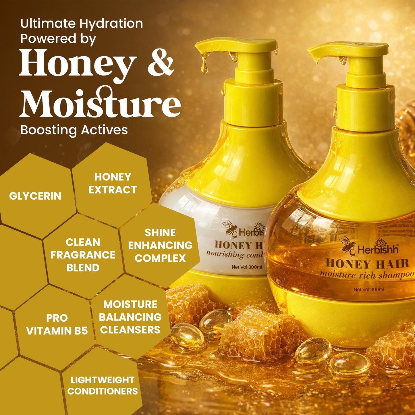 Herbishh Honey Shampoo & Conditioner Set (300 mL Each) Cleansing Shampoo for Buildup with Hydrating Conditioner for Dry & Damaged Hair, Shine