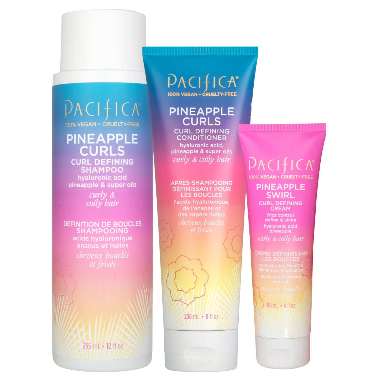 Pacifica Beauty Pineapple Curls 3-Step Hair Care Kit: Curl Defining Shampoo + Conditioner + Pineapple Swirl Curl Cream - Enhances Curls, Reduces