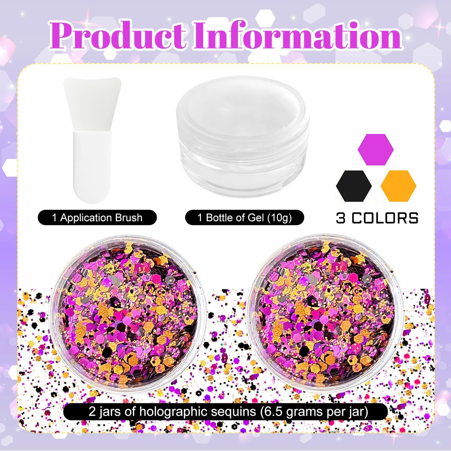 Black Orange Purple Mixed Holographic Chunky Glitter, 13g (2 Jars x 6.5g) Crafts Glitter Powder with 10g Gel and Brush, Halloween Iridescent Nail