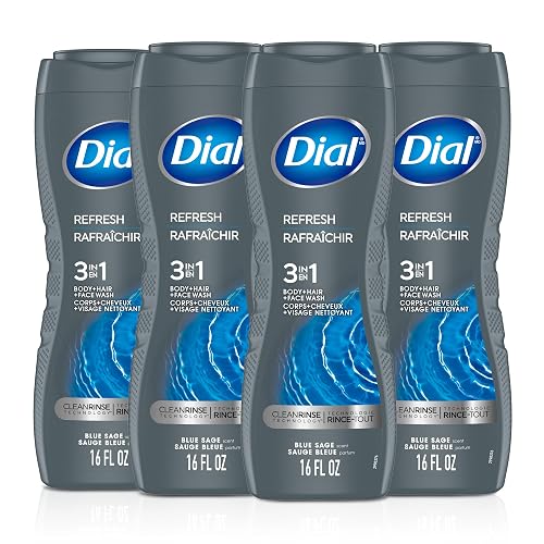 Dial Men 3 in 1 Body, Hair and Face Wash, Refresh, 16 Fl Oz (Pack of 4), Blue Sage Scent, Cleanses Deep + Gentle on Skin with Clean Rinse Technology