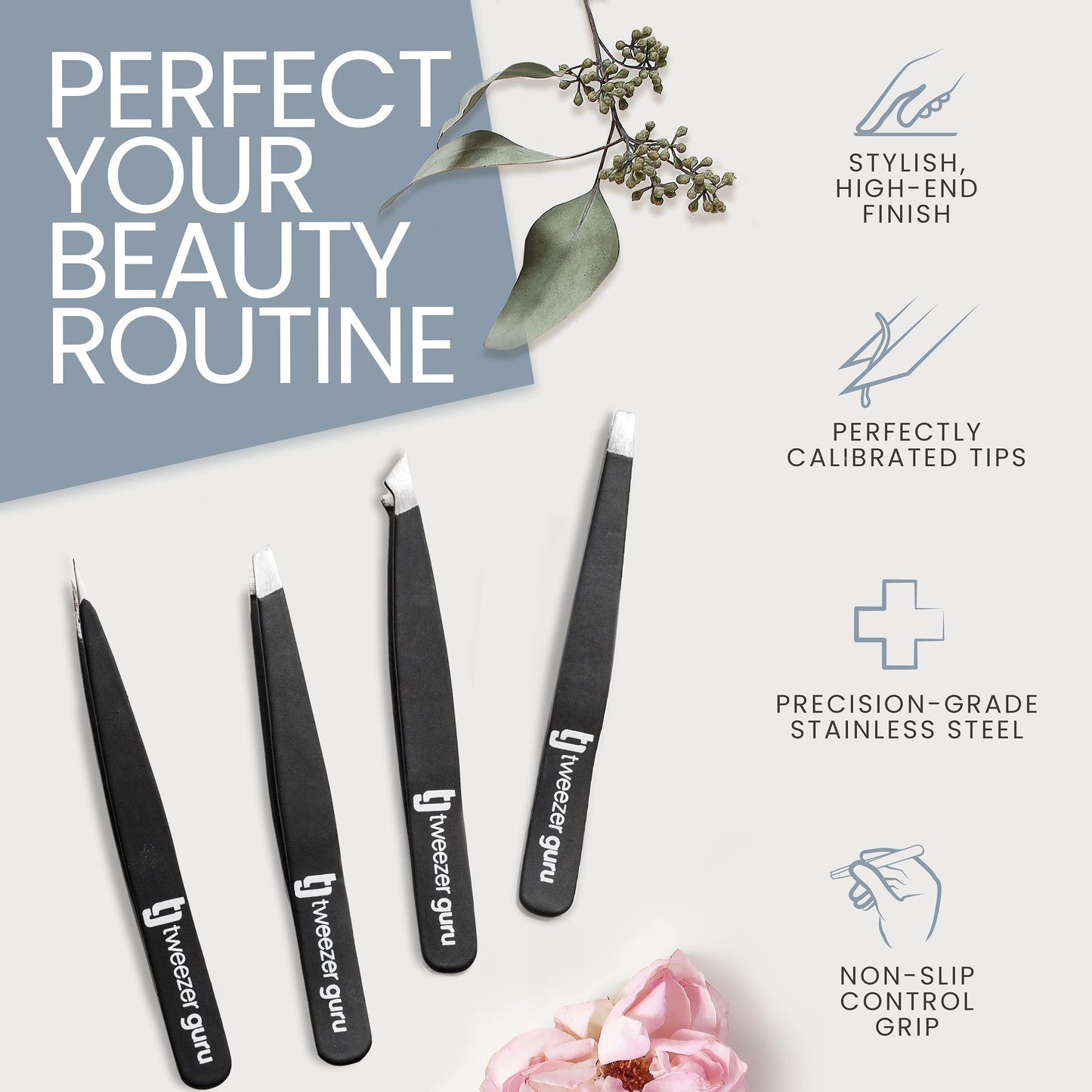 Tweezer Guru Eyebrow Tweezer Set (4-Piece) for Women & Men - Professional Slant and Pointed Tweezers Set with Case - Precision Tweezers Kit for Facial