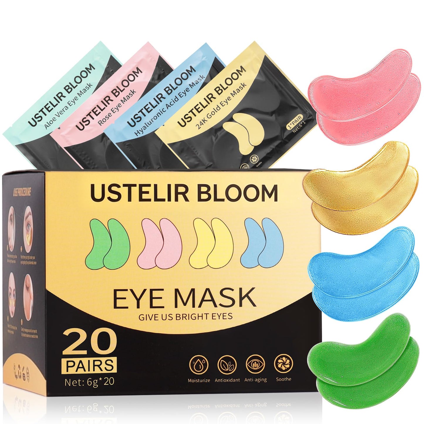 Under Eye Patches, 40 Pairs Eye Mask for Dark Circles, Puffy Eyes, Undereye Bags,Wrinkles,Eye Mask Patches with 24K Gold, Hyaluronic Acid,Rose & Aloe Beauty and Personal Care USTELIR BLOOM Default Title