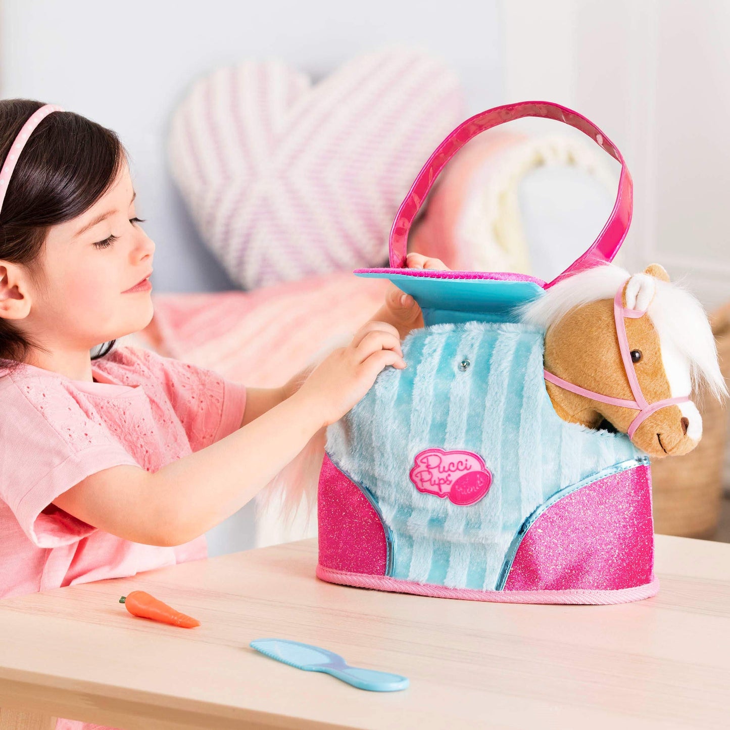 Pucci Pups - Plush Horse - Dog Carrier - Heart & Stripes Bag & Pony - Comb & Purse - Stuffed Animal - 2+ Years