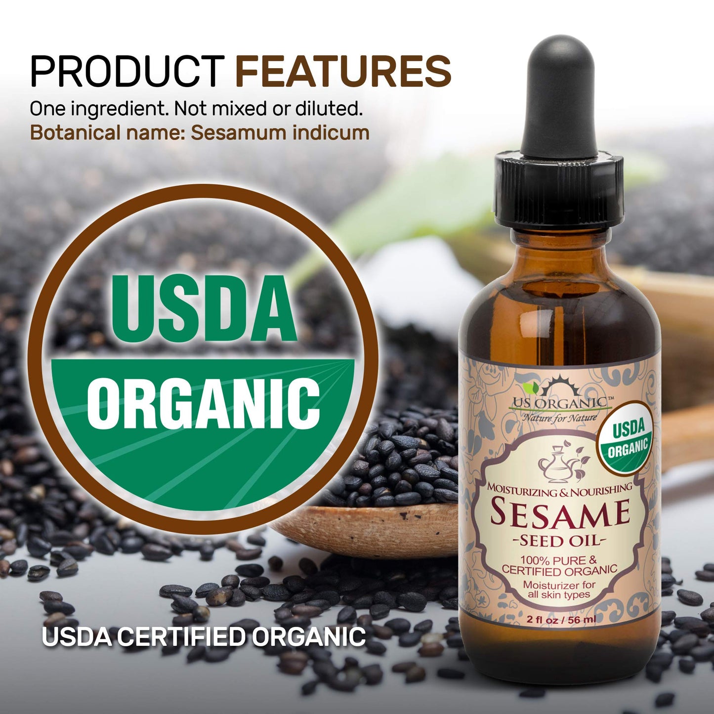 US Organic Sesame Seed Oil, USDA Certified Organic, Untoasted, Unrefined Virgin, 100% Pure & Natural, Cold Pressed, in Amber Glass Bottle w/Glass Eye