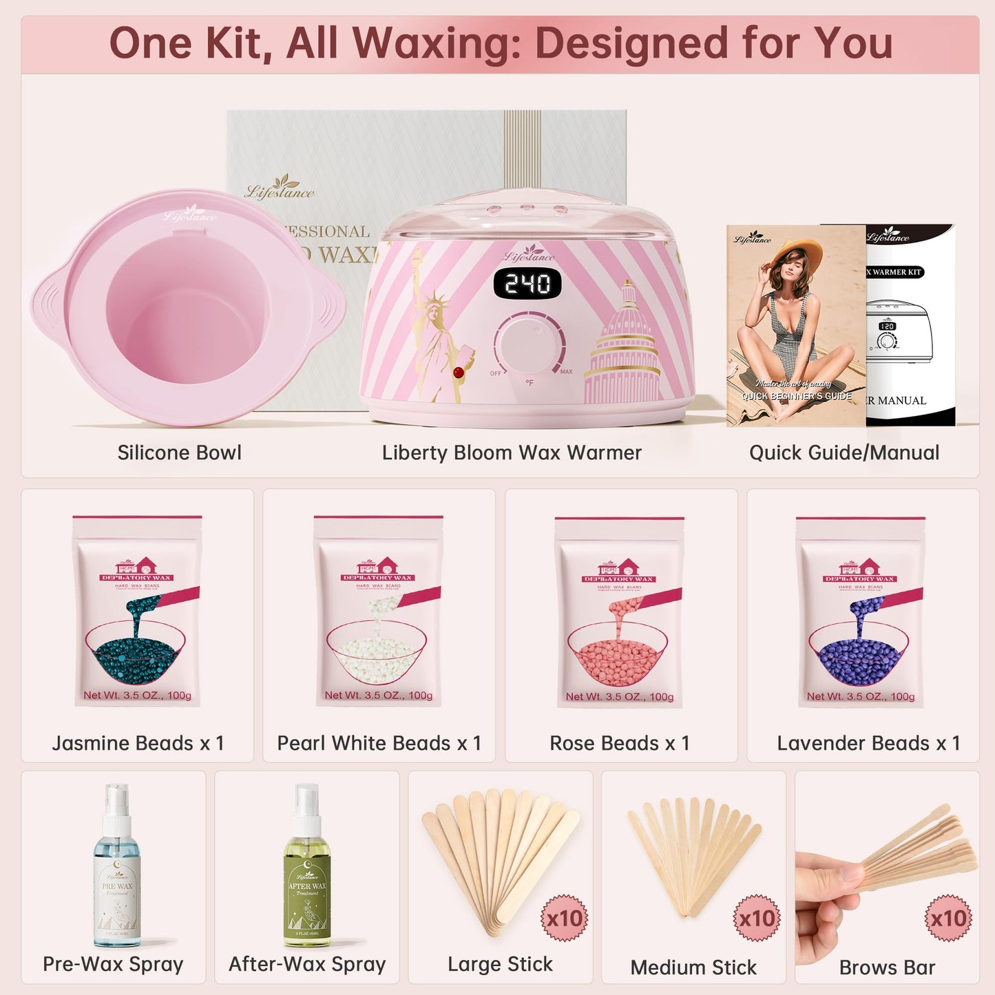 Lifestance Waxing Kit for Women & Men - L3 Liberty Bloom Digital Warmer, Silicone Wax Pot Liner, Hair Removal Kit with 14.1oz Hard Wax Beads & Oil Beauty and Personal Care Lifestance