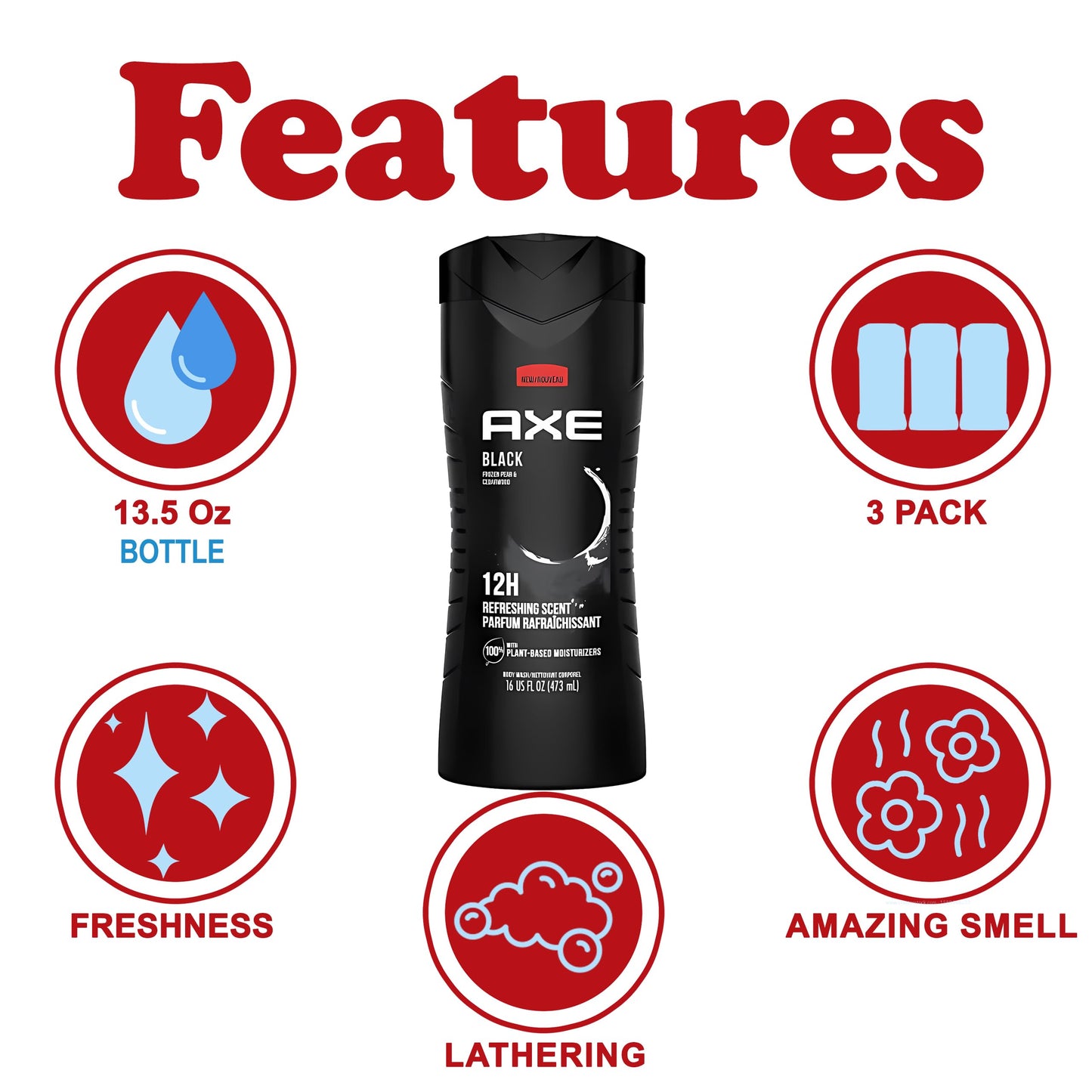 Axe Body Wash Black Frozen Pear And Cedarwood 12Hr 16 Ounce (Pack of 3)