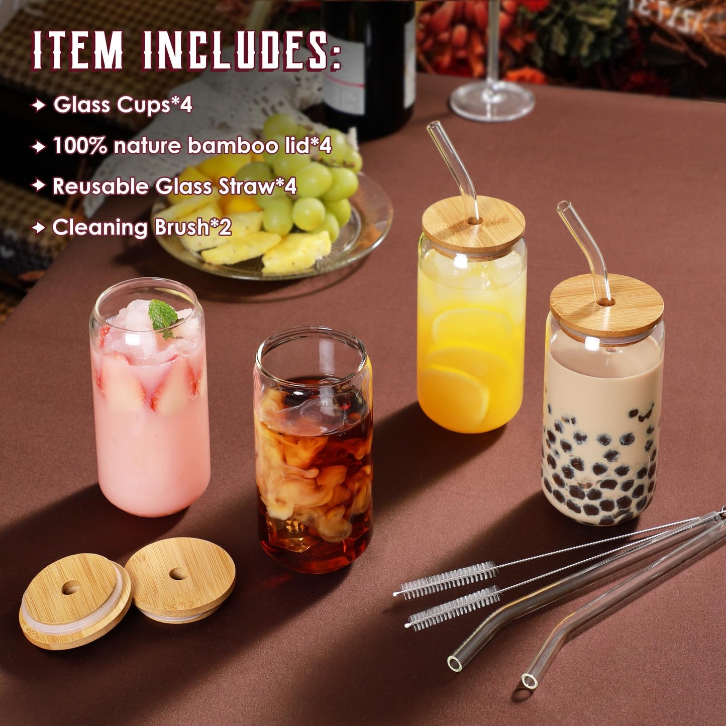 16oz Drinking Glasses Set of 4 with Bamboo Lids & Glass Straws – Iced Coffee, Tea, Beer Cups with 2 Brushes, Aesthetic Gift Idea
