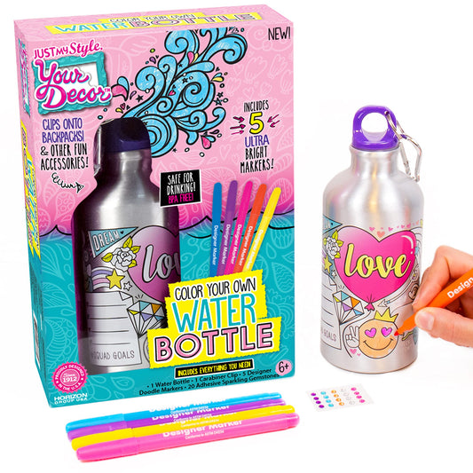 Just My Style Color Your Own Water Bottle, Includes Markers & Gemstones, Personalized Craft Kit for Kids, DIY Decorating, Gift for Girls