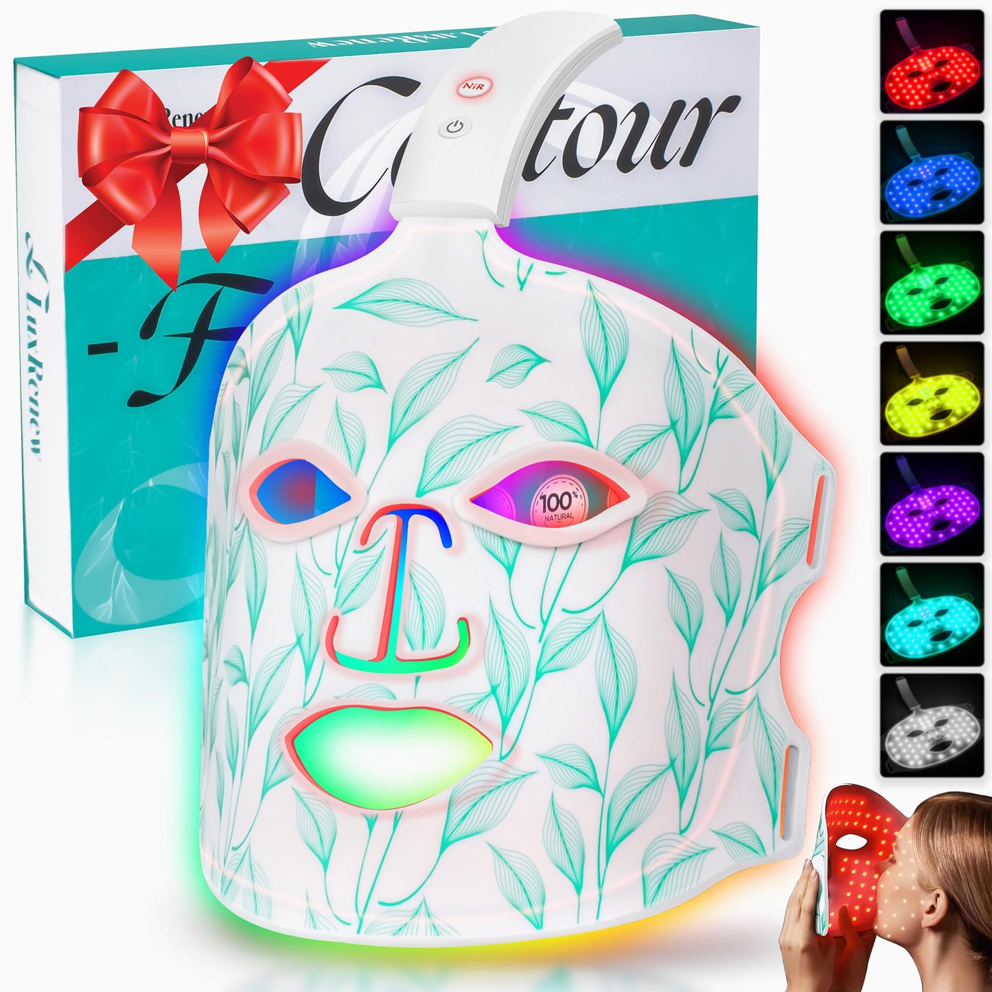 Red Light Therapy for Face, Led Contour Face Mask Light Therapy, 7+1 Color Near-infrared 850 Led Light Mask Portable and Rechargeable, Red Light