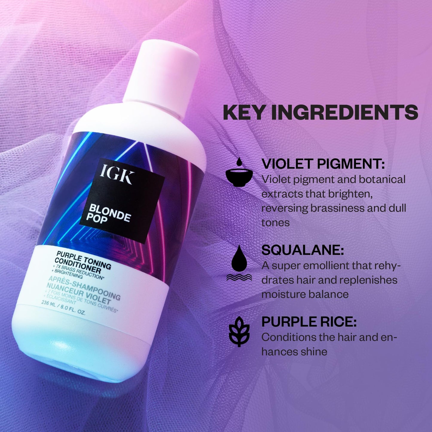 IGK BLONDE POP Purple Toning Conditioner | Brighten + Neutralize Brass | Vegan + Cruelty Free | 8 Oz