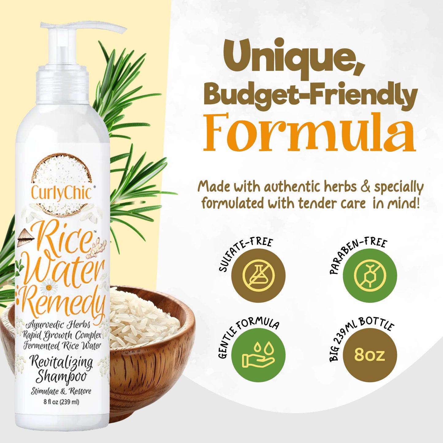 Curly Chic Rice Water Remedy Revitalizing Shampoo - Cleanse, Stimulate & Restore Curls - Nutrient-Rich Ayurvedic Herbs, Fermented Rice Water