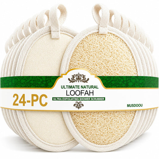 Natural Loofah Exfoliating Body Scrubber Pads, 24 Pack Dual Sided Shower Bath Loofah Sponge, Gentle Exfoliating Body Scrub for Men Women Full Body Beauty and Personal Care MUSDOOU