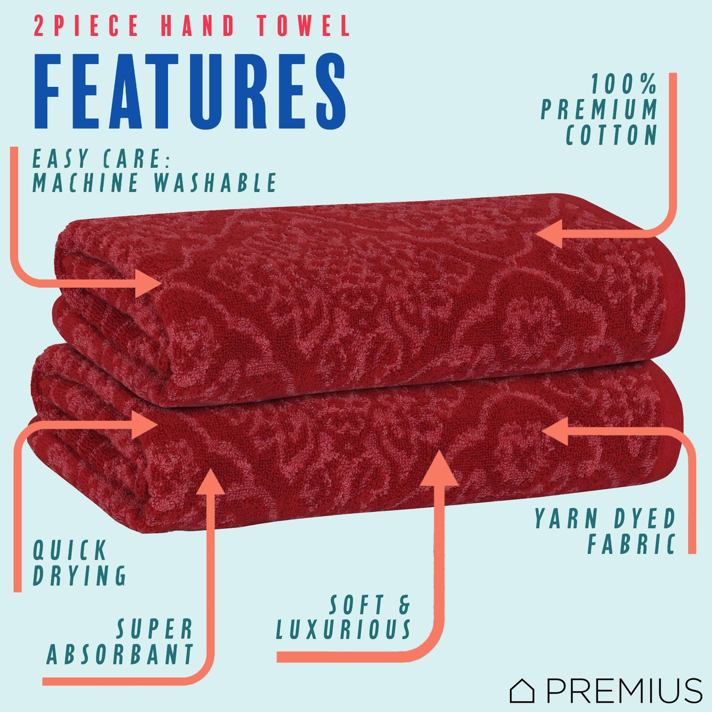 PREMIUS 2 Pack Damask Hand Towel, Bath Towel, and Bath Sheet Towel, 100% Cotton Yarn Dyed, Lux Drying Experience, Great for Hands and Body, Perfect…