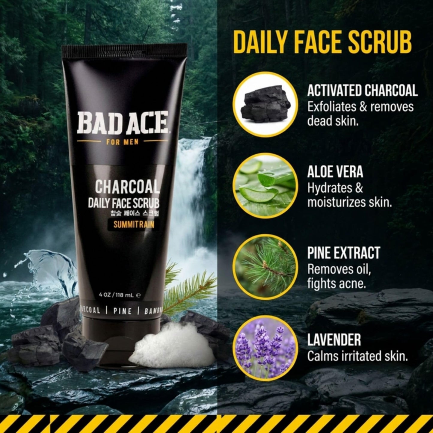 BAD ACE Daily Men's Charcoal Face Wash with Scrubs, Korean Exfoliating Face Wash - Premium Mens Face Scrub, Deep Cleansing Skin Care | Men's Facial