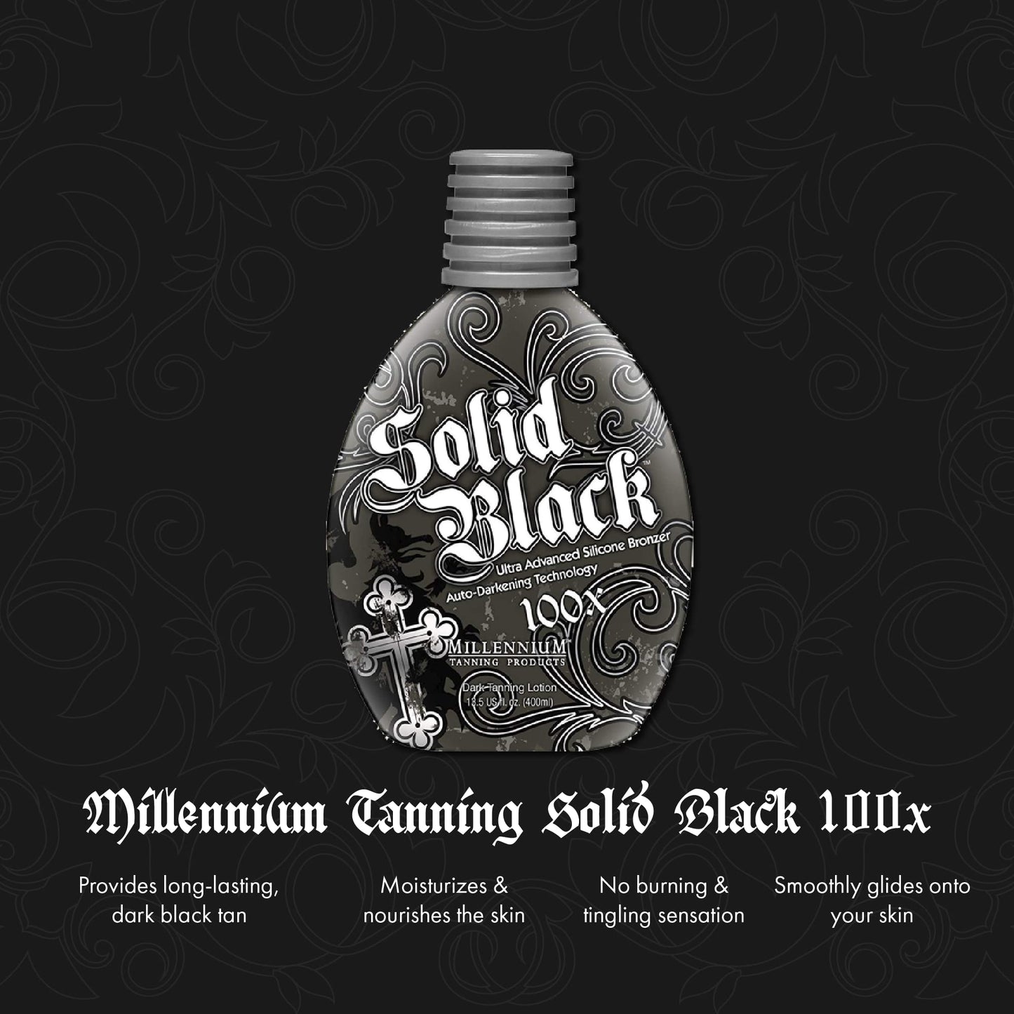 2 PACK Millennium Tanning SOLID BLACK 100X Dark Tanning Lotion Indoor Outdoor Tan Enhancing Silicone Bronzer Tanning Bed Lotion 13.5 Fl oz (400 ml)