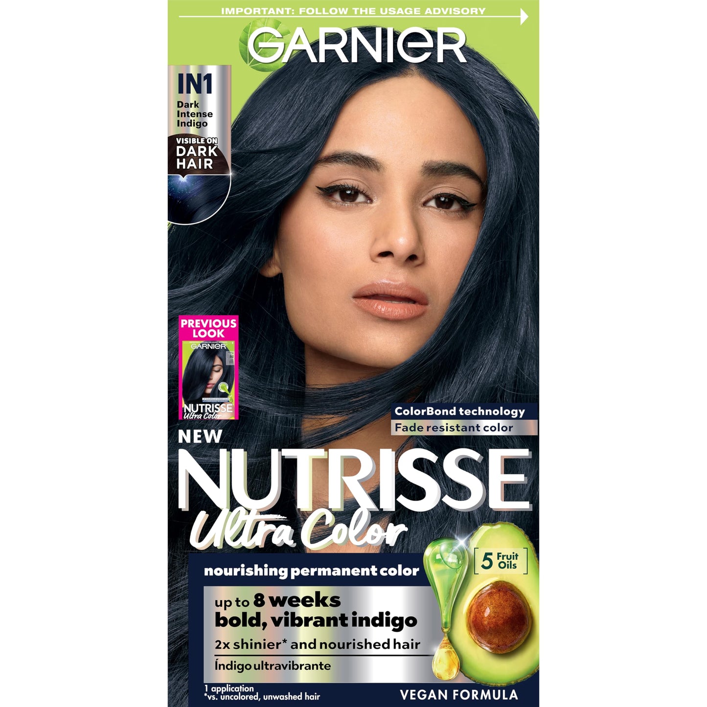 Garnier Hair Color Nutrisse Ultra Color Nourishing Creme, IN1 Dark Intense Indigo (Midnight Iris) Blue Permanent Hair Dye, 1 Count (Packaging May